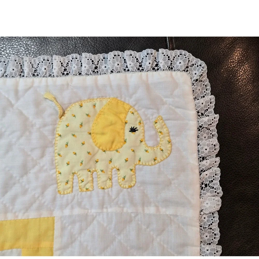 Vintage Yellow White Elephant Baby Quilt Applique Lace 40